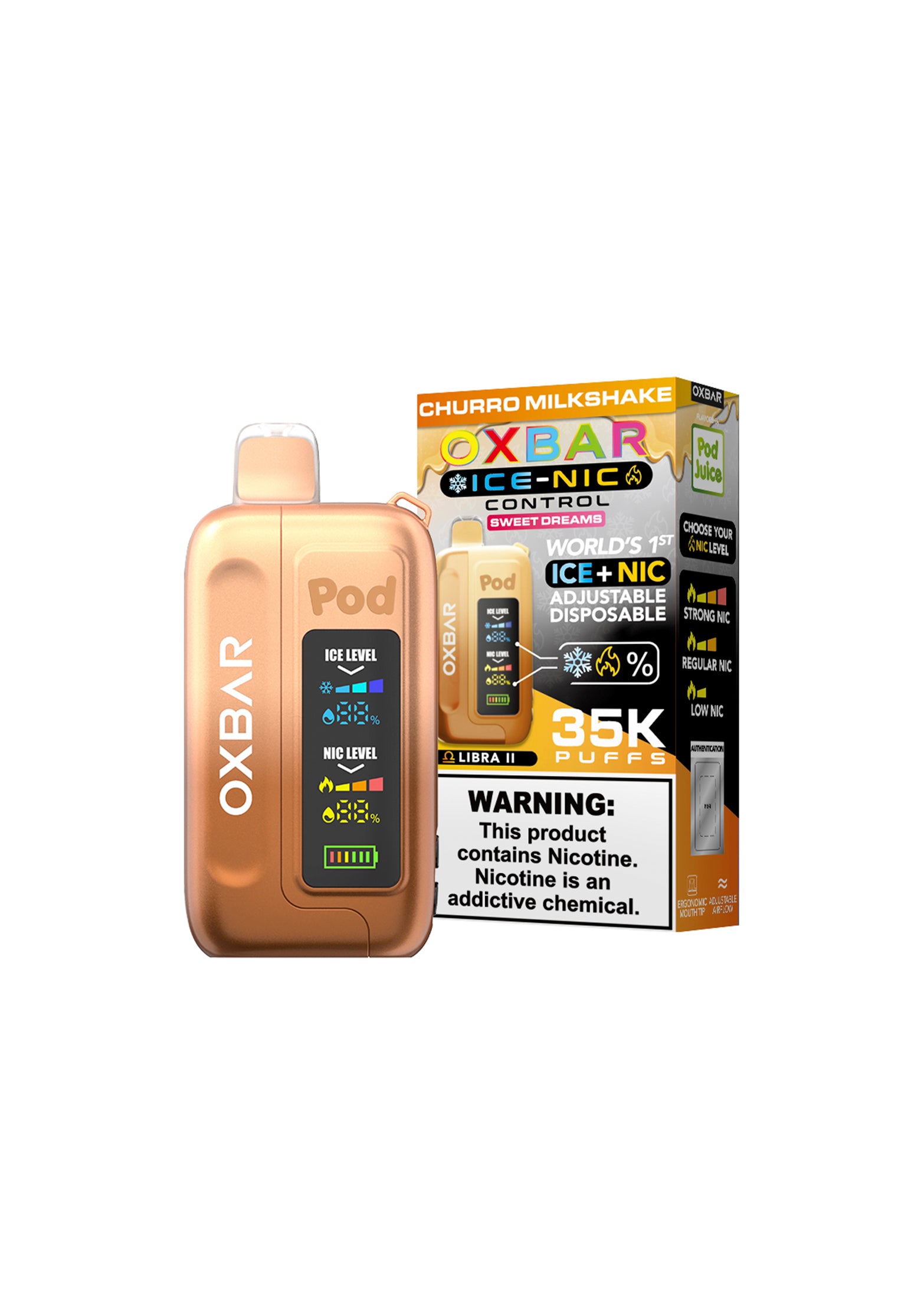 Oxbar x Pod Juice Ice-Nic Control 35K Churro Milkshake | GetPop Oxbar x Pod Juice Ice-Nic Control 35K Churro Milkshake | GetPop