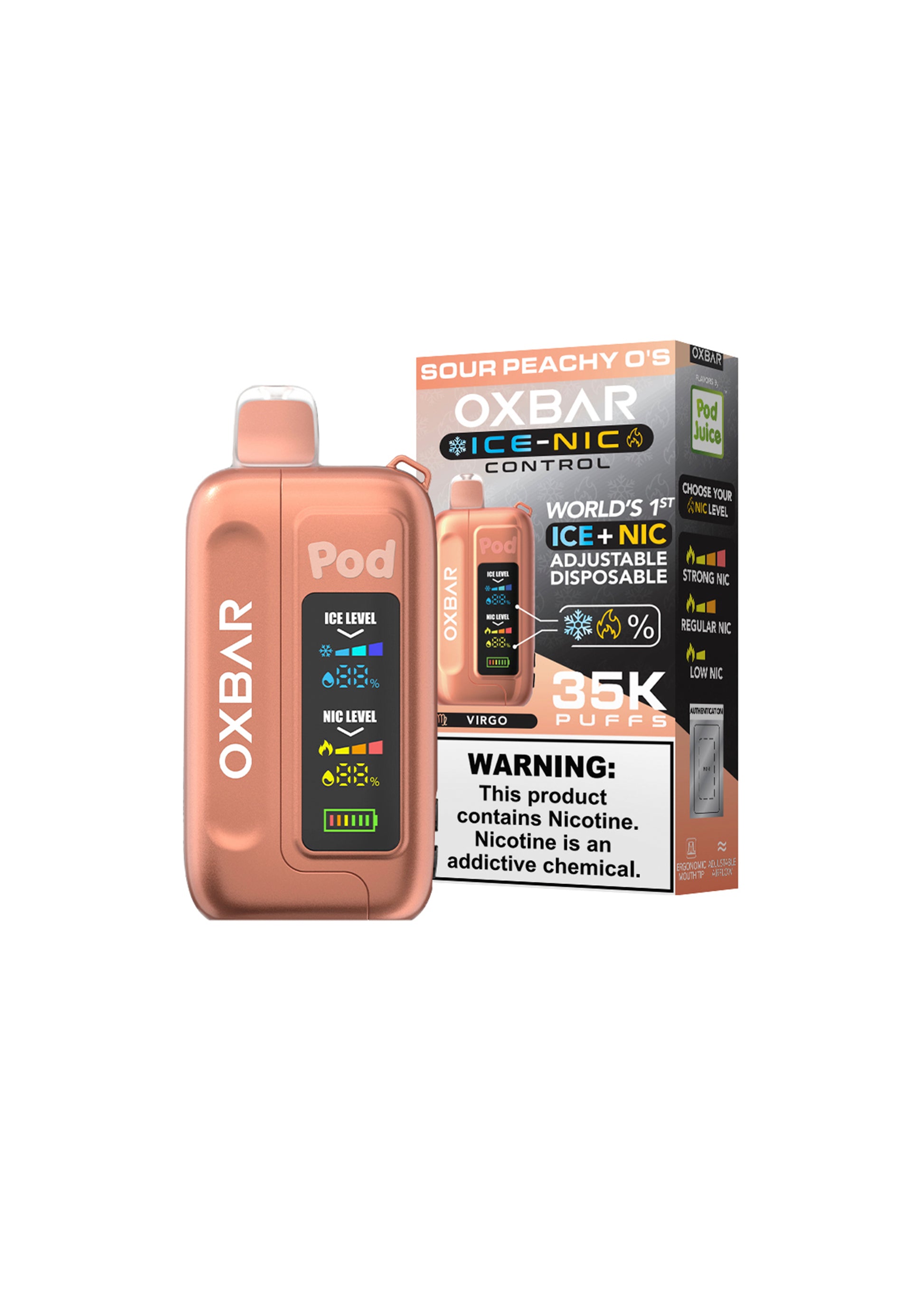 Oxbar x Pod Juice Ice-Nic Control 35K Sour Peachy O's (Virgo)